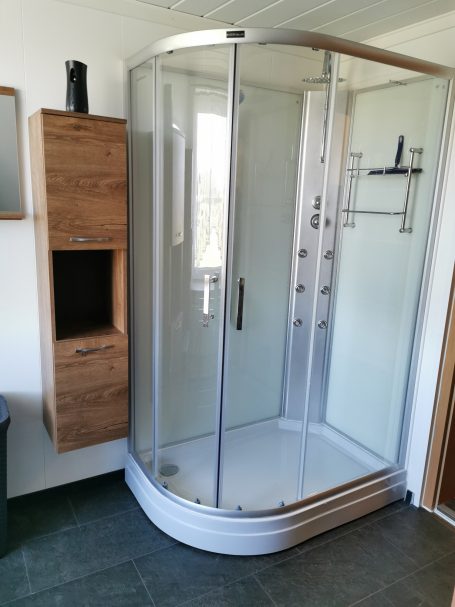 Moderne Dusche mit Glasabtrennung und Holzregal daneben.
