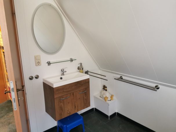 Badezimmer mit einem Waschbecken, Spiegel und Haltegriffen an der Wand.